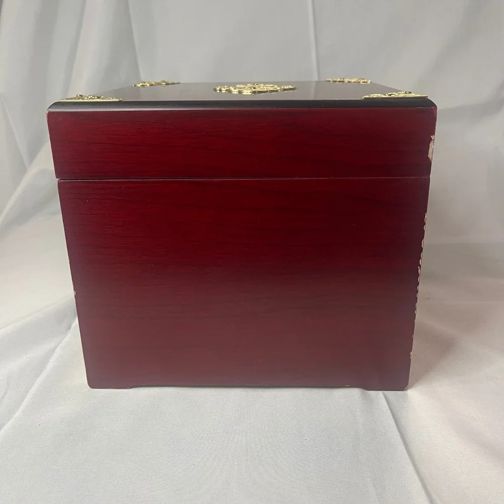 Korean Wooden Jewelry Box Mahogany Finish Gold Brass Hardware Calligraphy Lining